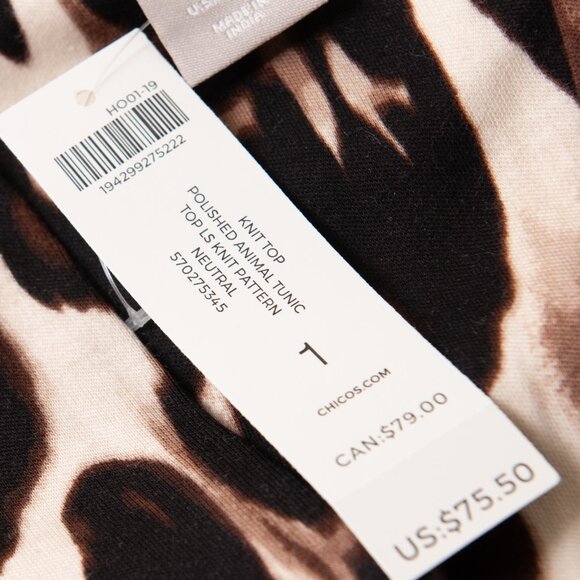 Chico's Polished Animal Print Tunic Top Long Sleeve Knit Shirt Size 1 Medium New - Picture 5 of 7